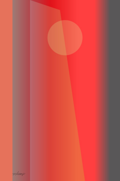 Abstract digital artwork with strong warm red and black vertical gradient bands, a soft, central circle, and a full-length transparent diagonal shape.