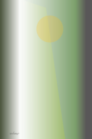 A single circle at the top of a central column of blended light colors is contrasted by gradient black bands on each side of this abstract digital artwork.