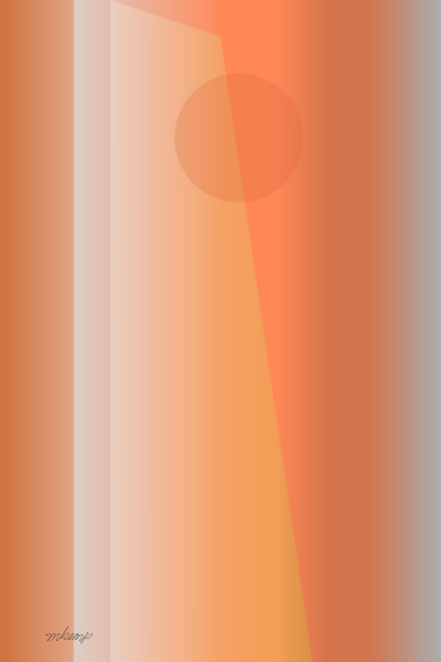 Bright orange vertical bands surround a white transparent shape that transects a soft orange circle at the top center of this abstract digital artwork.