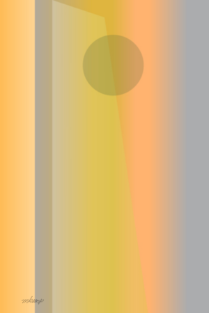 Abstract digital artwork with golden yellow and soft orange vertical gradients between bands of gray featuring a prominent gray circle in the upper center.