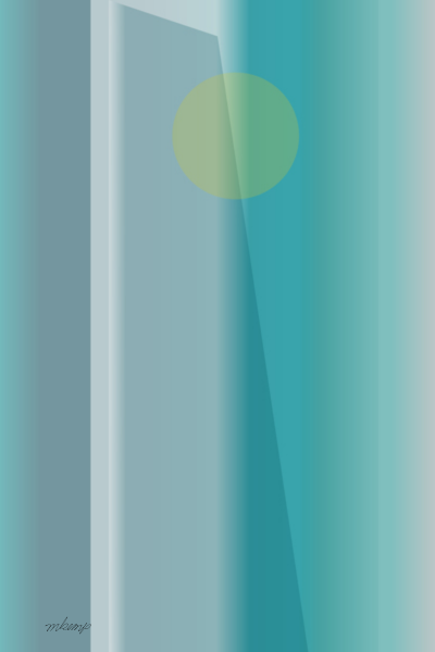Abstract digital artwork featuring layered vertical bands in shades of turquoise. A pale circle in the upper center emerges through a diagonal overlay.