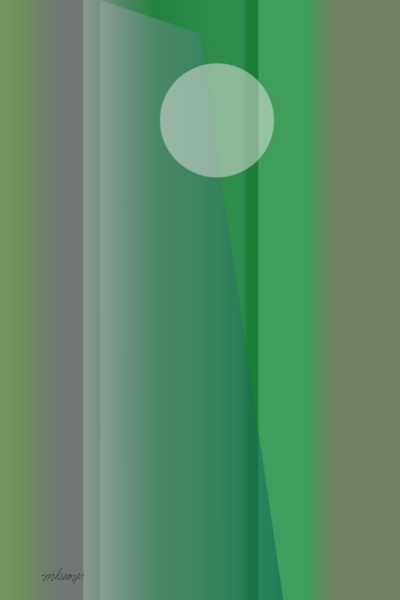 Abstract digital artwork consisting of vertical gradient shades of dark green. A white circle in the upper center emerges through the transparent layers.