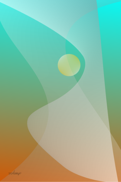 Minimalist abstract artwork with flowing translucent shapes and a glowing yellow circle in front of a teal and amber gradient background.