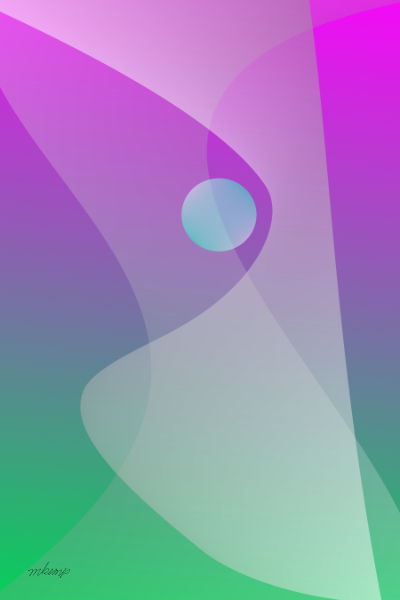 Modern abstract art featuring a magenta to green gradient and an opalescent circle positioned among layered, softly curving white translucent structures.