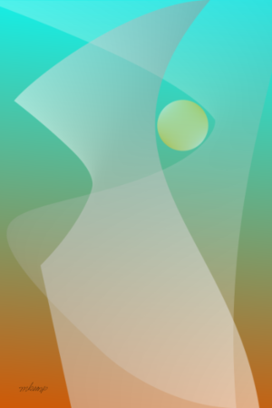 Contemporary abstract artwork with a gradient background of amber and teal, featuring a golden circle positioned between layered curved structures.