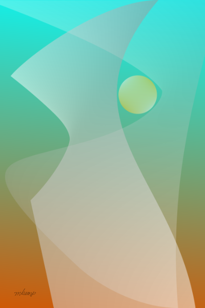 Contemporary abstract artwork with a gradient background of amber and teal, featuring a golden circle positioned between layered curved structures.