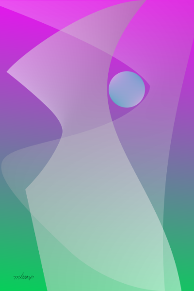 Colorful abstract digital art with a magenta to emerald gradient background, flowing and layered, translucent white shapes enclosing an opalescent circle.