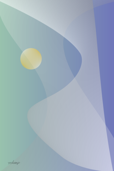 Minimalist abstract artwork with a cool blue to mint green gradient background and soft white curving geometric planes floating near pale yellow circle.