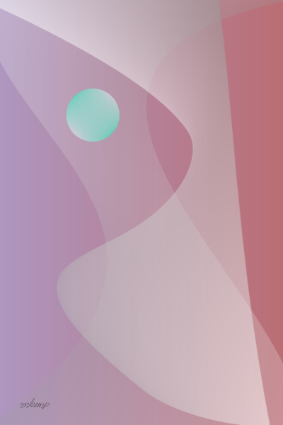 Contemporary abstract art featuring a rose to lavender gradient background and soft white curving geometric planes floating around an opalescent circle.