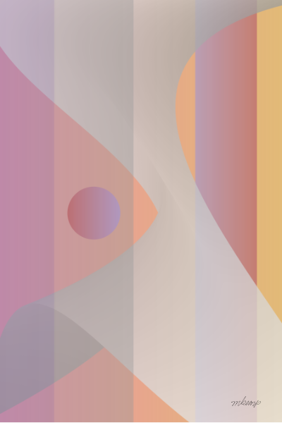 Modern abstract digital composition with a background of warm-colored vertical bands behind a transparent curvilinear shape surrounding a red circle.