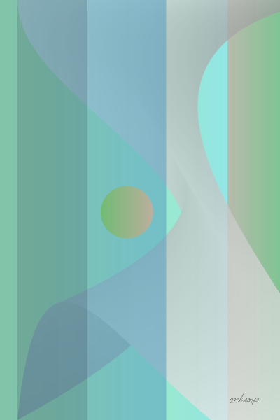 Abstract digital artwork featuring a background of blue and green vertical bands behind a transparent curvilinear shape surrounding a pale yellow circle.