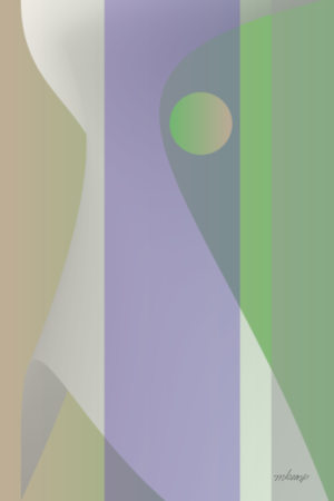 Contemporary abstract art with a strong vertical background of greens, lavender and soft brown behind a dominant curvilinear shape and pale yellow circle.