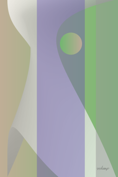 Contemporary abstract art with a strong vertical background of greens, lavender and soft brown behind a dominant curvilinear shape and pale yellow circle.