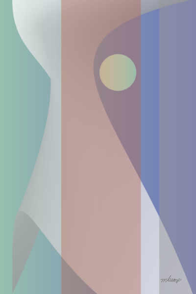 Modern abstract artwork with a strong vertical background of blues, soft brown, and sea-green behind a curvilinear shape that surrounds a pale yellow moon.