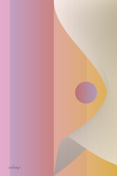 Minimalist abstract composition with vertical columns of bright pink to warm gold behind a white wind-blown sheet or curtain surrounding a red circle.