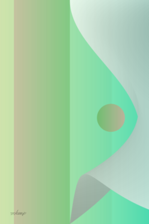 Contemporary abstract digital artwork featuring a muted orange moon and soft white curvilinear shape in front of columns of pale lime to bright green.