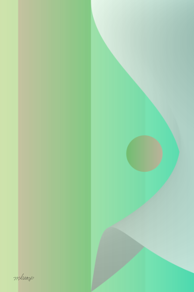 Contemporary abstract digital artwork featuring a muted orange moon and soft white curvilinear shape in front of columns of pale lime to bright green.