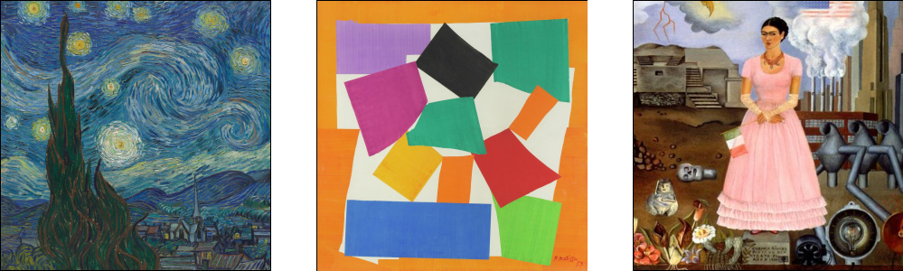 Featured Image for article on Color Symbolism depicting works by Van Gogh, Matisse and Kahlo