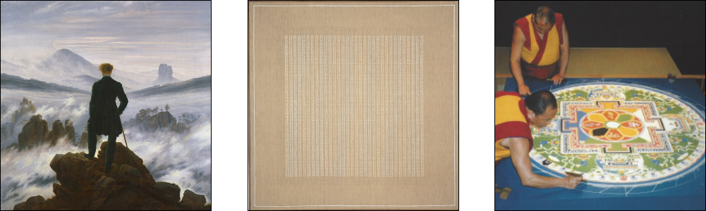 Featured Image for article on Contemplative Art depicting works by Caspar David Friedrich, Agnes Martin, and Tibetan monks creating a sand mandala.