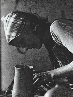 Picture from late 70s of artist Marilyn Kemp at the potter's wheel