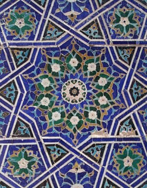 Geometric ornament in the decoration of the Tuman Aqa complex, Shah-i Zinda, Samarkand. Uzbekistan. Source: Wikimedia