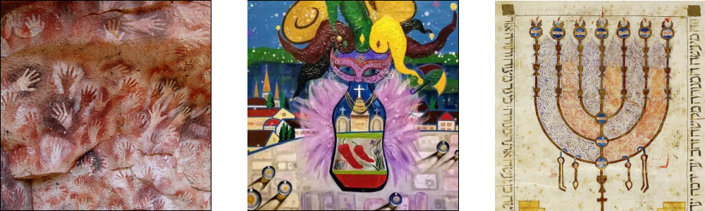 Featured Image for article on Symbolic Art depicting a cave painting of hands, a work by Kristin Sue Kim and a Menorah
