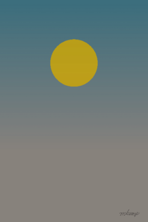 A digital graphic illustration featuring a solid mustard yellow circle positioned in the upper center against a vertical gradient background that transitions from a muted teal blue at the top to a soft grayish brown at the bottom.