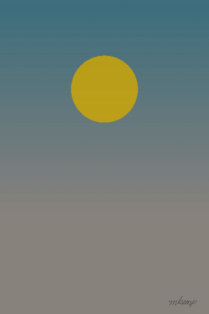 A digital graphic illustration featuring a solid mustard yellow circle positioned in the upper center against a vertical gradient background that transitions from a muted teal blue at the top to a soft grayish brown at the bottom.