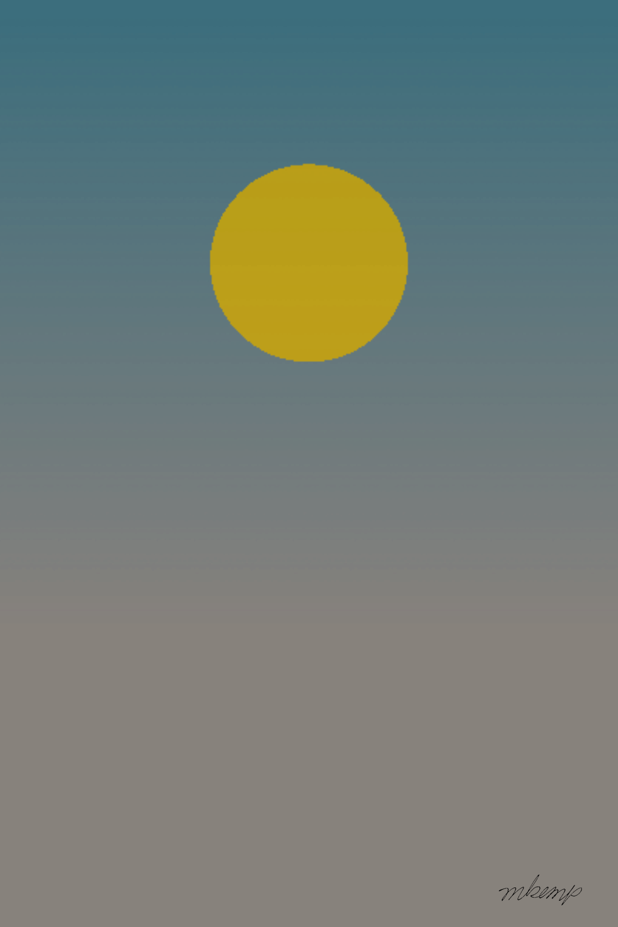 A digital graphic illustration featuring a solid mustard yellow circle positioned in the upper center against a vertical gradient background that transitions from a muted teal blue at the top to a soft grayish brown at the bottom.