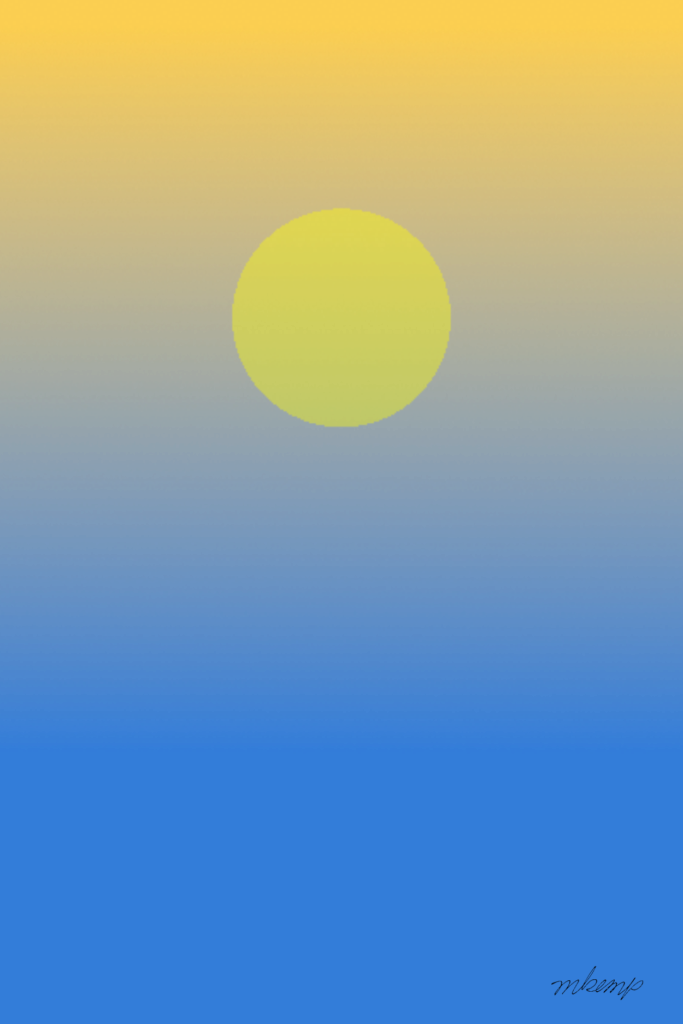 A solid yellow circle is centered in the upper portion of the image. The background features a vertical gradient that transitions from a warm golden yellow at the top to a soft gray in the middle and a vibrant blue at the bottom.