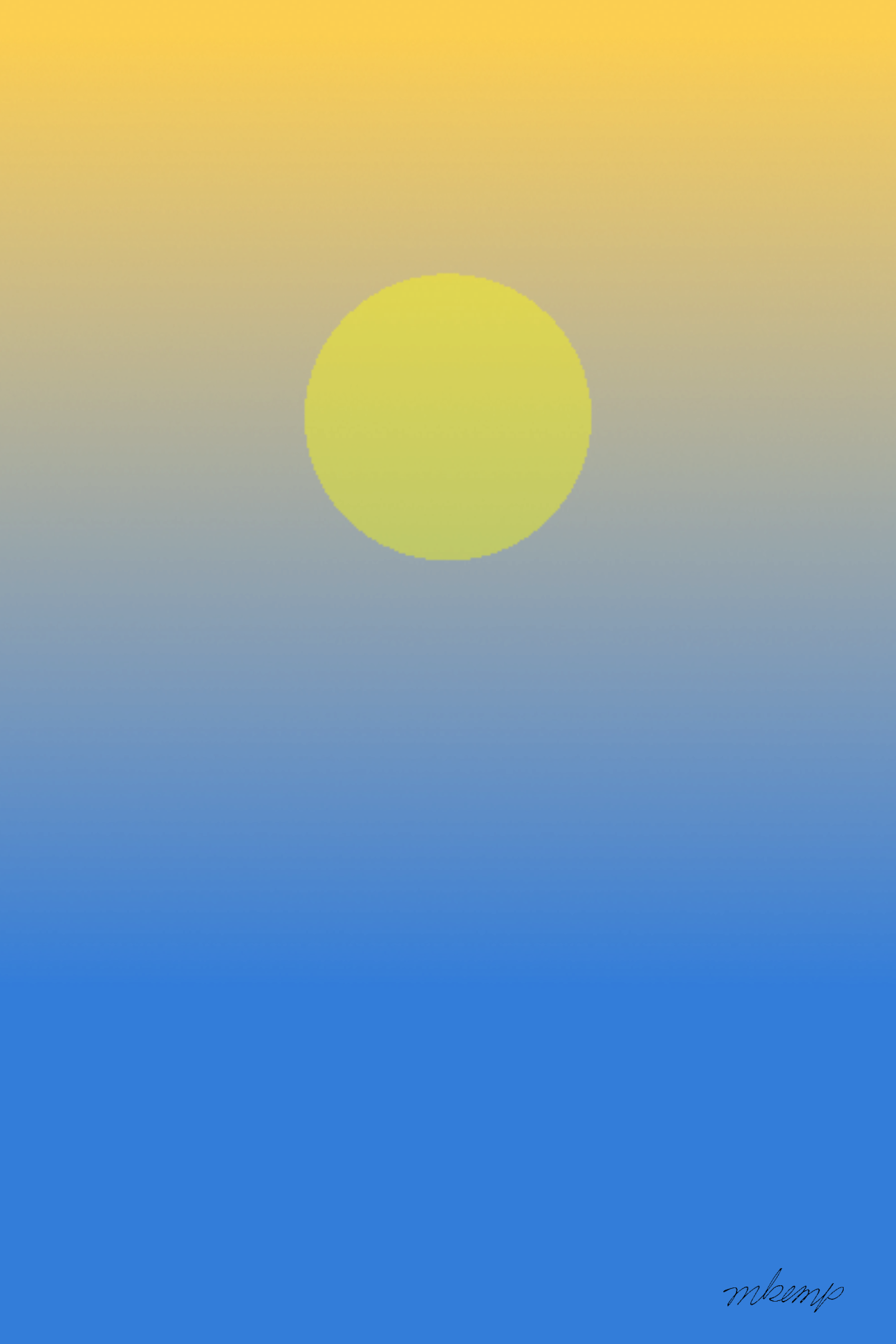 A solid yellow circle is centered in the upper portion of the image. The background features a vertical gradient that transitions from a warm golden yellow at the top to a soft gray in the middle and a vibrant blue at the bottom.