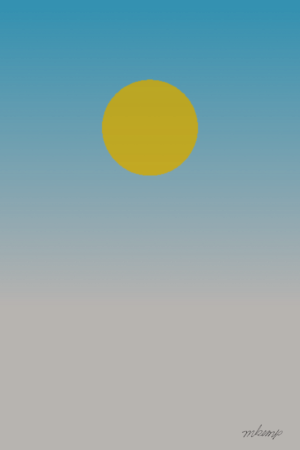 A graphic print featuring a solid mustard yellow circle positioned in the upper center against a vertical gradient background that transitions from a light sky blue at the top to a muted light gray at the bottom edge of the frame.