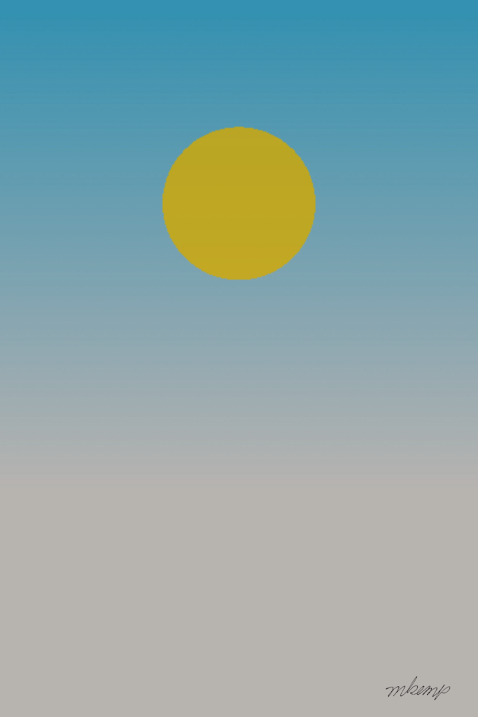 A graphic print featuring a solid mustard yellow circle positioned in the upper center against a vertical gradient background that transitions from a light sky blue at the top to a muted light gray at the bottom edge of the frame.