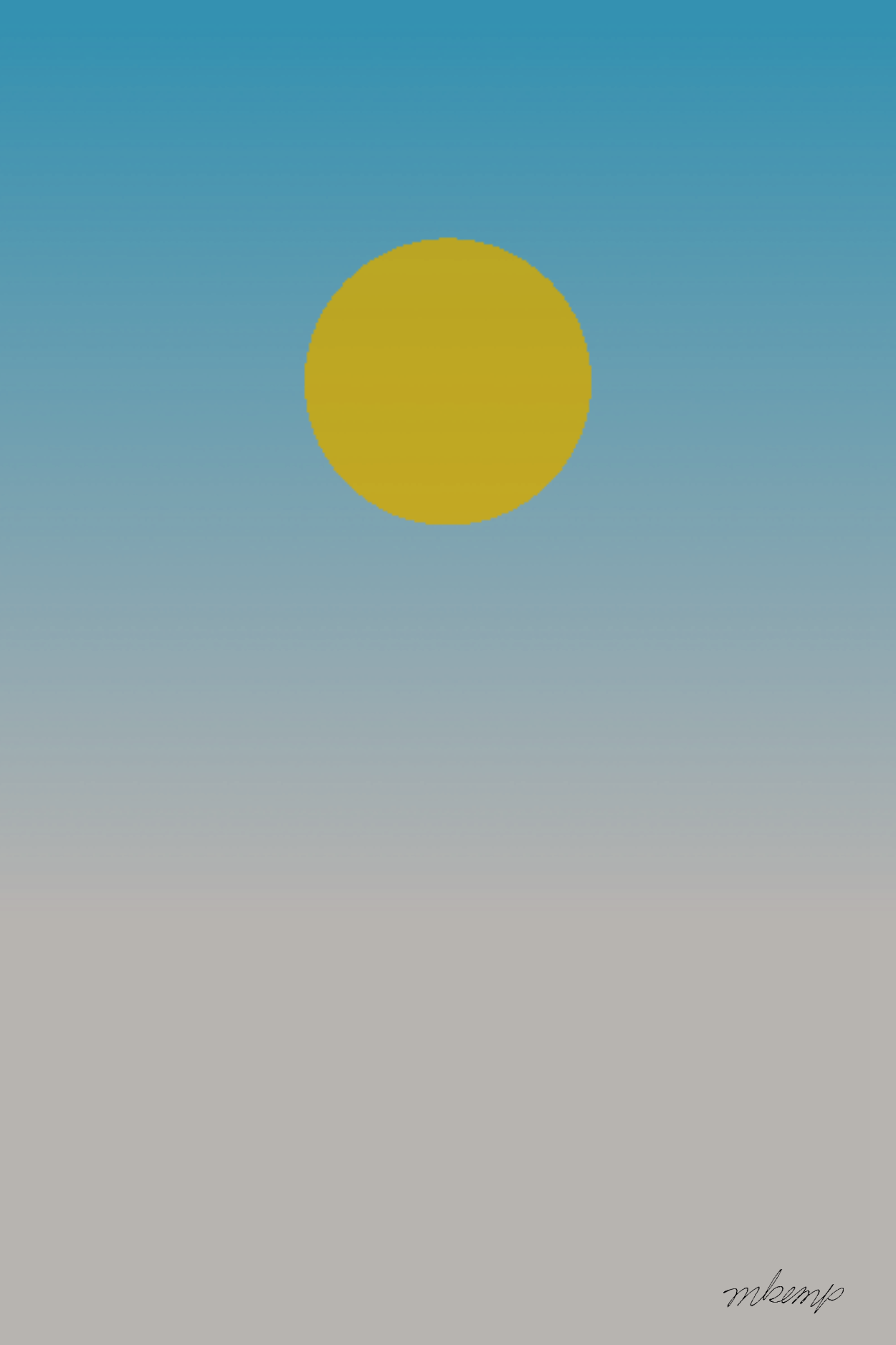 A graphic print featuring a solid mustard yellow circle positioned in the upper center against a vertical gradient background that transitions from a light sky blue at the top to a muted light gray at the bottom edge of the frame.